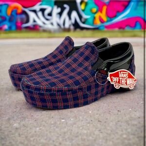 Vans Classic Slip On Patetnt Plaid Platform Shoes Blue Red  Sneakers